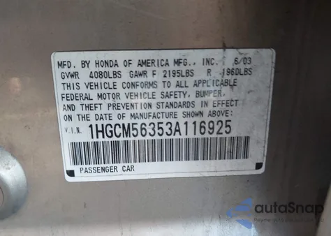 2003 Honda Accord 2.4 Lx z USA, uszkodzony, nr VIN 1HGCM56353A116925